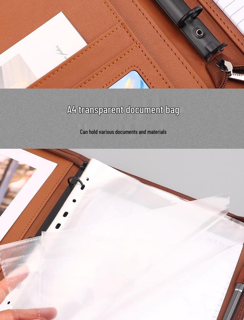 Organizzatore di Documenti A4 in Pelle Multifunzionale con Scomparto Chiuso da Cerniera e Raccoglitore ad Anelli