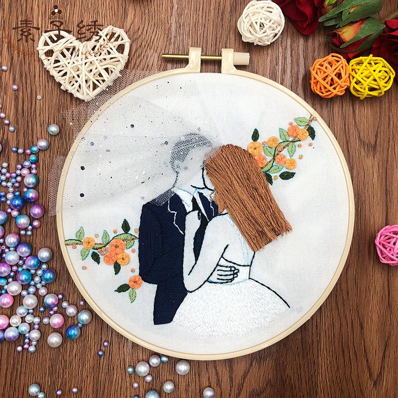 1pc Couple Wedding Pattern Embroidery DIY Fabric Craft Kit Creative Craft Needle and Thread