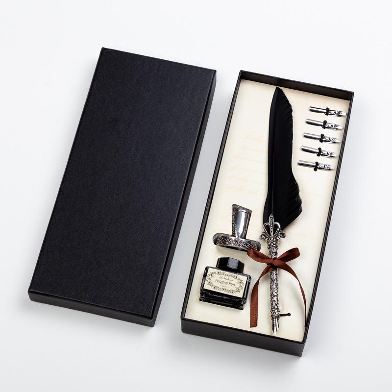 Goose Feather Pen Set with Carved Base and Stainless Steel Nibs - Unique Gift