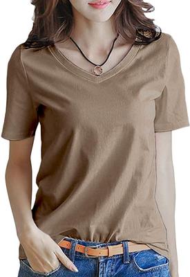 Απλό για κοντό [INNIFER] T-shirt γυναικείο, λευκό, μαύρο, V-λαιμόκοψη, κοντό μανίκι, βαμβάκι, top με κομμάτια και ραφή, απλό, κομψό, καθαρό, S-3XL