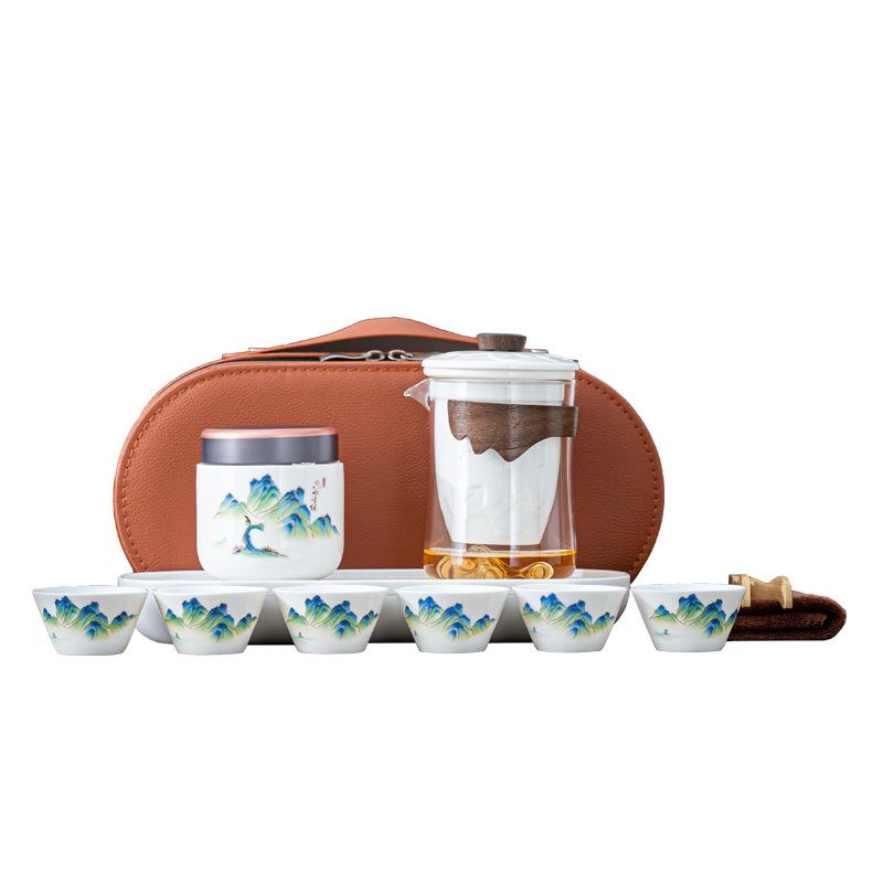 Dehua White Porcelain Glass Travel Set Outdoor Accompanying Portable Kung Fu Tea Set Business Gifts Can Be Customized