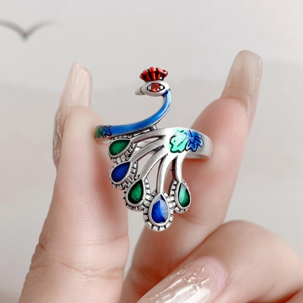 

Peacock Open Rings Exaggerated Enamel Retro Ring Fashion Women Finger Rings Punk Style 2