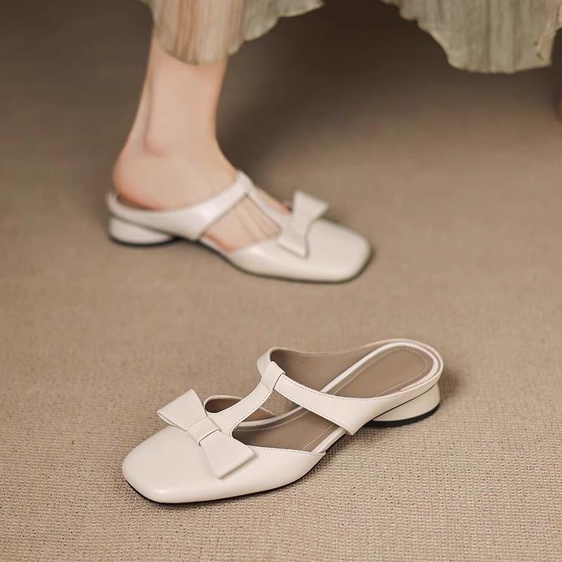 Fashion Baotou Half Slippers Women's Summer New Square Toe Shallow Mouth Bow Low Heel Block Heel Slip-on Wear-resistant Slippers