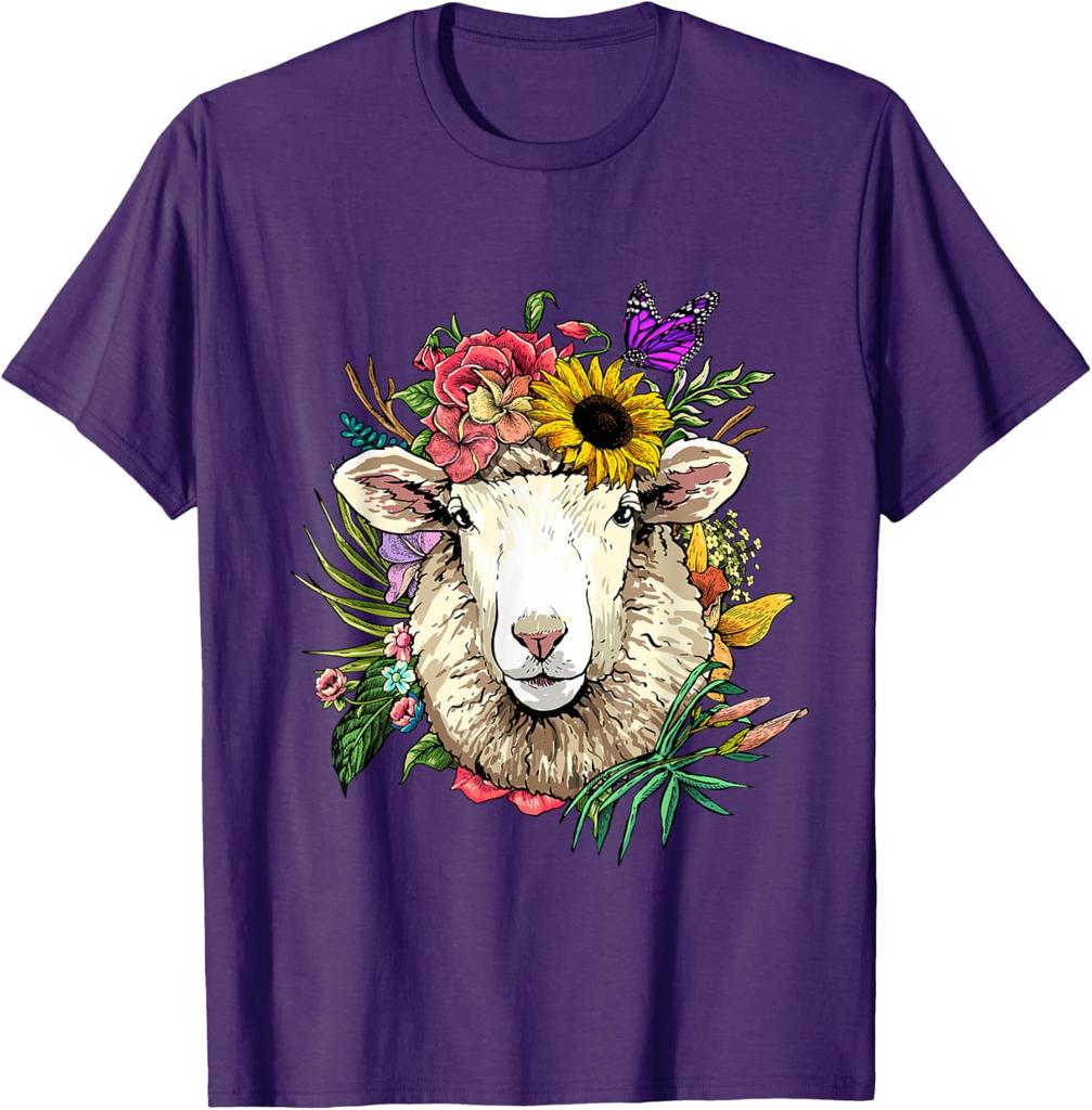 Blumen Schafskopf Kranz T-Shirt Tierliebhaber Bauernhof Grafik T-Shirt Frühling Sommer Freizeit