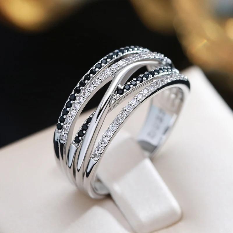 Cross Twist Women Finger Rings With Black&White Natural Zircon Stone Micro Paved Trendy Rings Gift Fine Jewelry