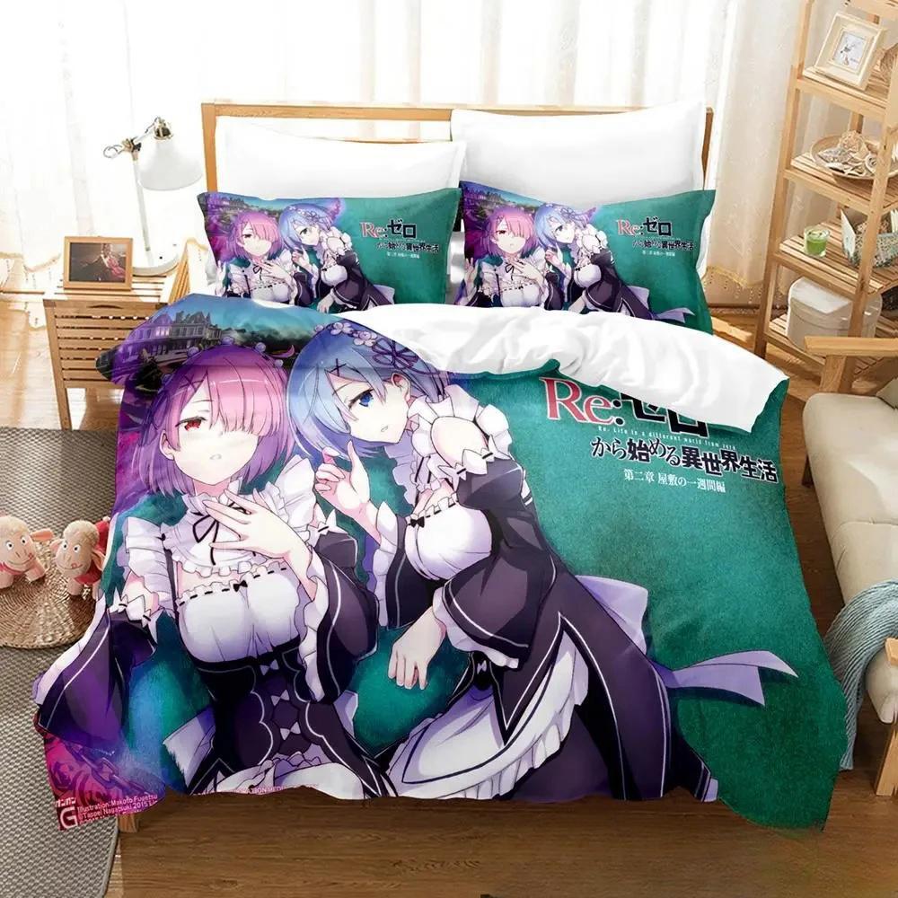 3D Print Anime Re Zero Rem Ram Emilia Bedding Set Duvetcover Bed Set Quilt Cover Pillowcase Comforter King Queen Size Boys Adult