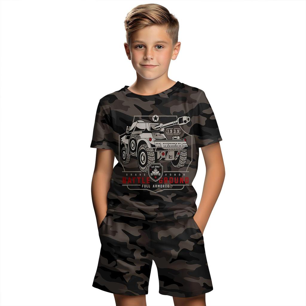 Roupas infantis, terno para meninos, estampa camuflada 3D, verão, manga curta, camiseta, conjunto, shorts, roupas para meninos e meninas, conjuntos infantis