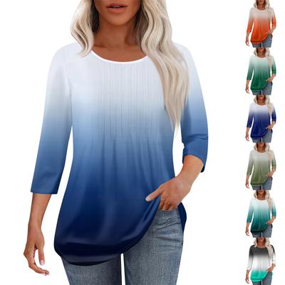 Modisches, lässiges T-Shirt mit Rundhalsausschnitt und plissiertem Schnitt für Damen, Freizeit-Druck, sieben Viertelärmel