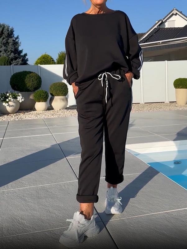 2025 Autumn/Winter Women's Solid Color Braided Patchwork Long Sleeve Crew Neck Top and Long Pants Set