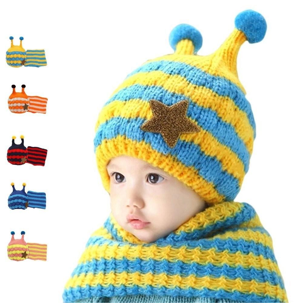 Winter Kids Hat With Plush Ear Protection Big Five-pointed Star Hat Scarf Set Striped Woolen Material Blue Yellow Orange Red Pink