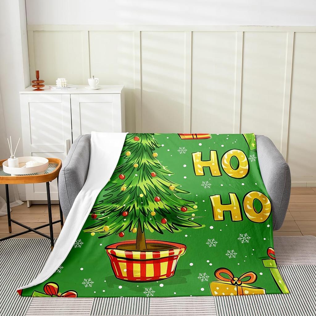 Gingerbread Xmas Flannel Blanket Blue Christmas Tree Candy Throw Blanket Western New Year Theme Cozy Throws for Bed Couch Sofa