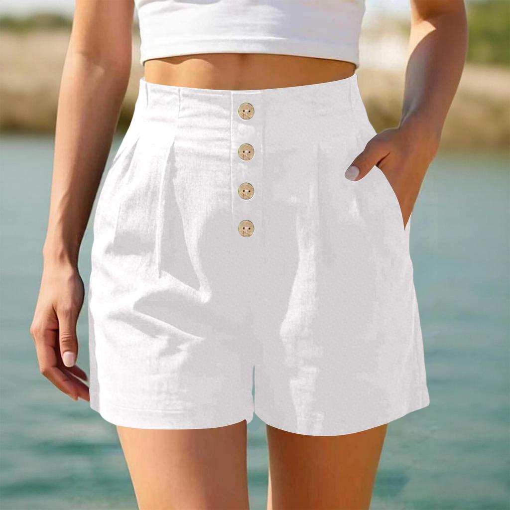 Women High Waist Casual Shorts Button Front Loose Fit Summer Beach Shorts with Pockets for Daily Wear and Relaxed Outings