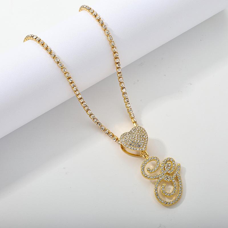 26 Flower Letter Necklace: Hip Hop Heart Pendant with Full Diamond Inlaid Tennis Chain for Women