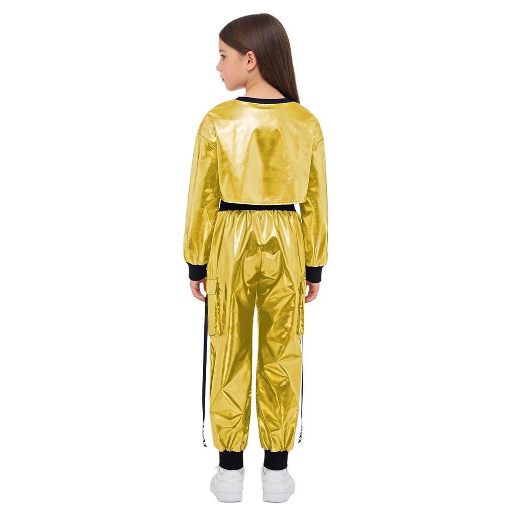 Girls Dance Clothing Set Glossy Metallic Workout Top and Pocket Pants Hip Hop Jazz Street Performance Outfit