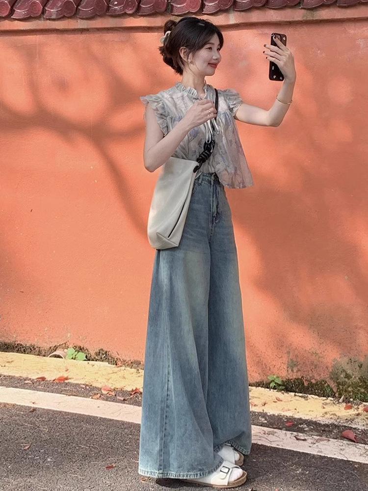 

2024 Женские Ретро Джинсы с Завышенной Талией, Потертостями и Широкими Штанинами - Стройнящие, Модные Летние Брюки XL светло-синий