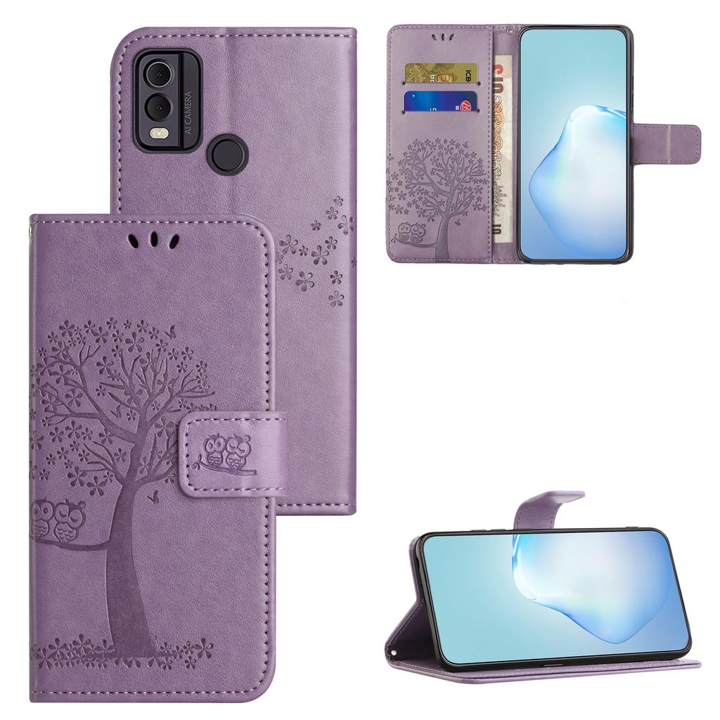 For Nokia C32/C22 Supporting Stand Wallet Case PU Leather Imprinted Owl Tree Pattern Phone Cover