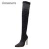 Comemore Rhinestone Pointed High Heel Sock Boot Outdoor Women Shoes Stiletto 2025 Women's Autumn Over The Knee Boots 43