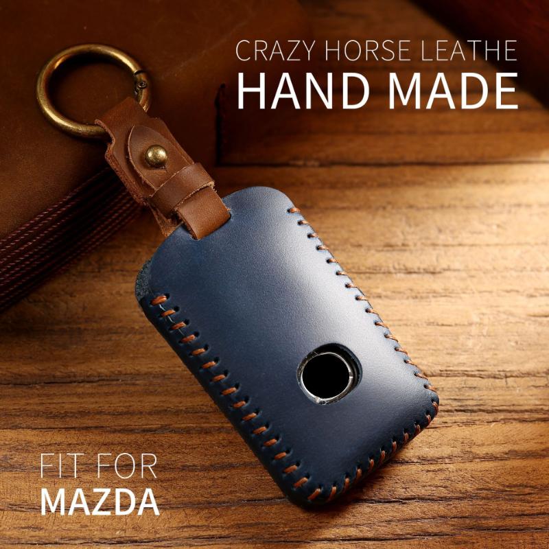 Genuine Leather Key Case Compatible for Mazda, Car Key Protector Japanese Auto Decoration Accessories, Fits 3 & 4 Button Keys
