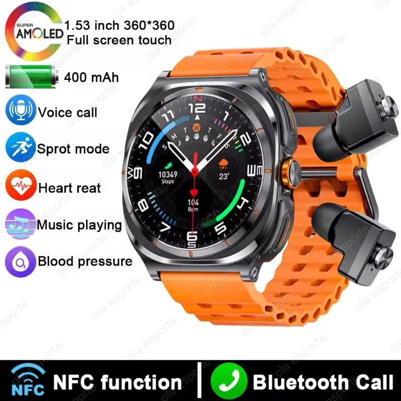 2025 New Smart Watch TWS Headset 2 In 1 AMOLED Wireless Headset Bluetooth Call Outdoor Sport Music Health Monitor Smartwatch Men