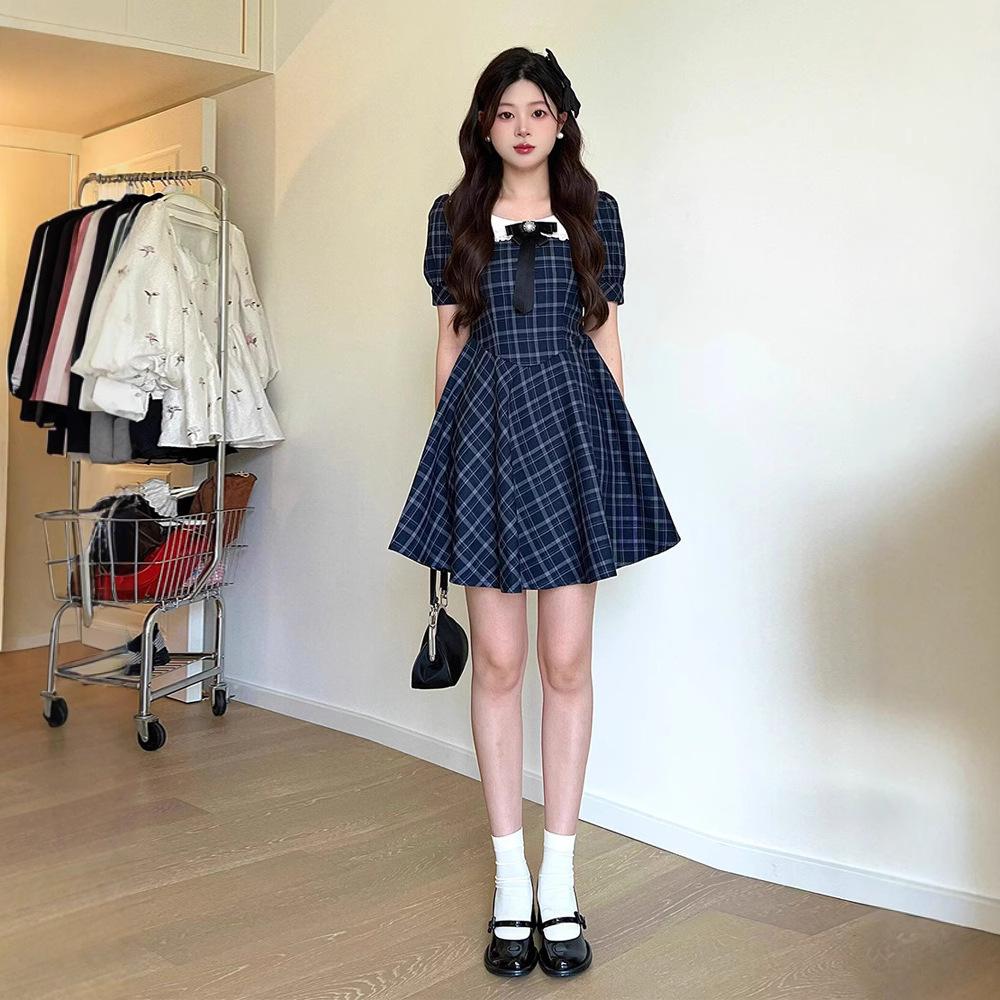Small doll collar plaid dress girl sweet wind small skirt first love tie milk good princess wind doll skirt