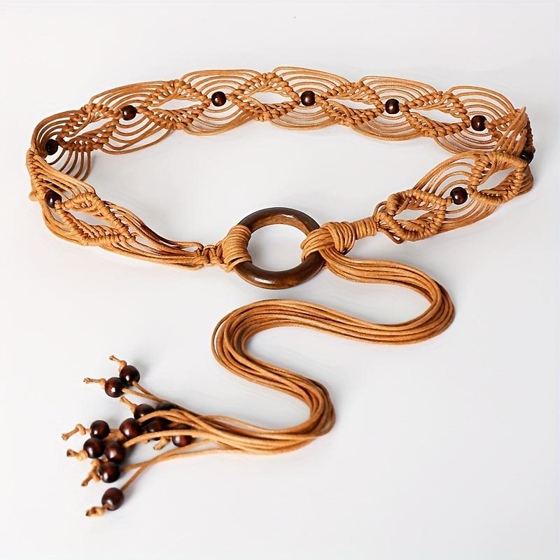 Multi-Color Bohemian Style Spring And Summer Fashion Women Handmade Wooden Circle Braided Hollow Belt Wax Rope Braided Belt Ethnic Style