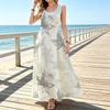 Sleeveless Maxi Dress,Women U Neck Sundress,Grey Maple Leaf Print,Loose A Line Cut,Summer Beach Outfit,Lightweight Vacation Long Gown