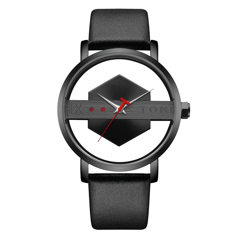 Fashionable and Minimalist Men's Leather Watch Strap Personalized Hollow Perspective Glass Bottom Cover Quartz Watch