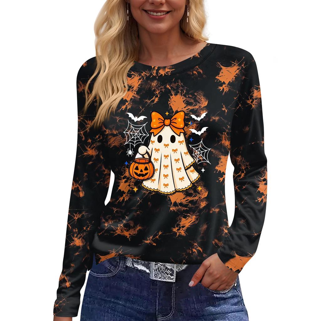 Women's Halloween Print Long Sleeve Top with Side Slits