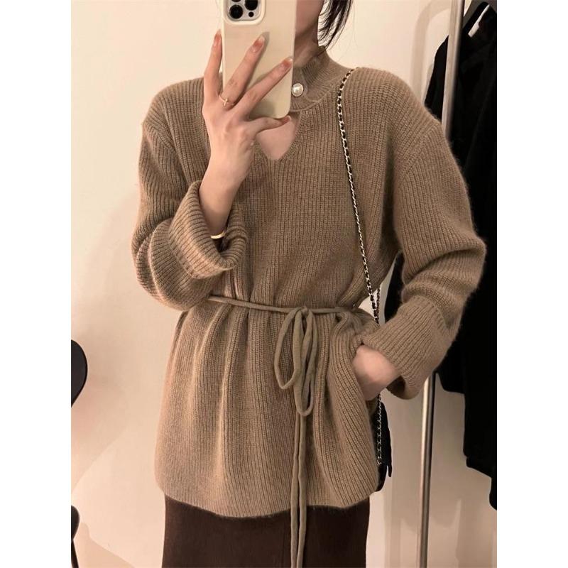 Drawstring Waist Knitted Sweater Autumn and Winter New Medium and Long Soft Waxy Lazy Wind Semi-turtleneck Machine Hollow Sweater Women