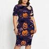 Women Plus Size Halloween Printed Round Neck Short Sleeve Asymmetric Top Fitted Skirt Two Piece Set