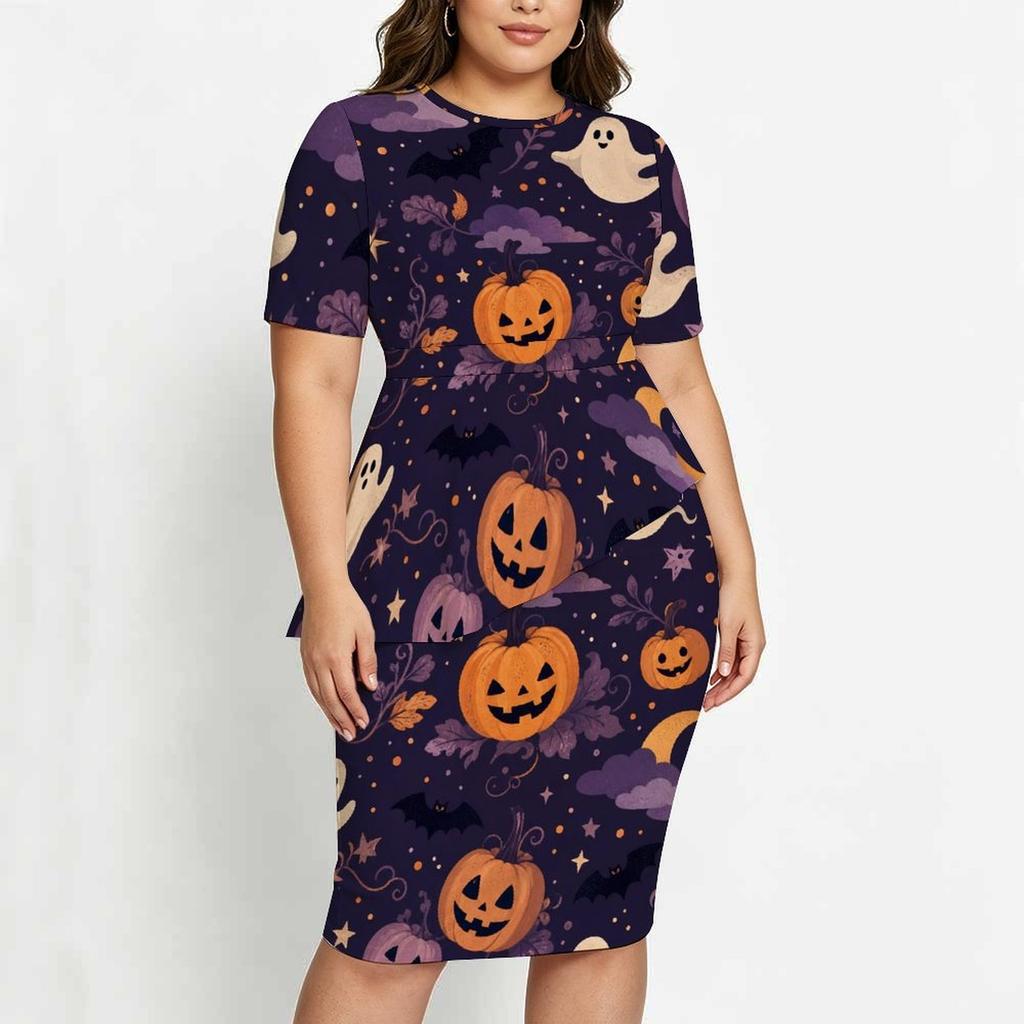Women Plus Size Halloween Printed Round Neck Short Sleeve Asymmetric Top Fitted Skirt Two Piece Set