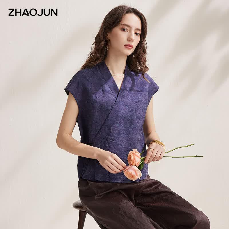 Zhaojun Women s Xiangyunsha Silk Short-Sleeve V-Neck Top L