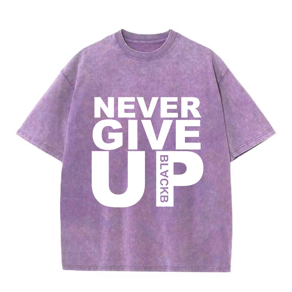 Retro Washed Vintage Women T-shirt Never Give Up Fleece Harajuku Oversized Pullover Cute Couple Valentine's Day Gift T-shirt