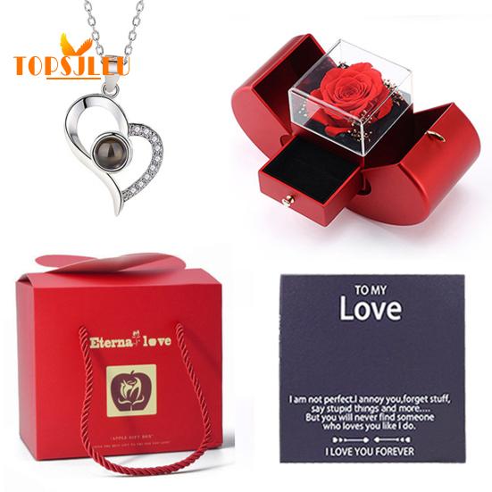 Damhalsband med förvaringsfodral, Ultralight, Non-Fading, Glittrande Smyckeshalsband, Gratulationskort, Konserverad rospresent