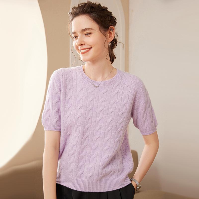 Women's Thick Short-Sleeved Cable Knit Cashmere Sweater - Round Neck Pullover, Autumn/Winter Top