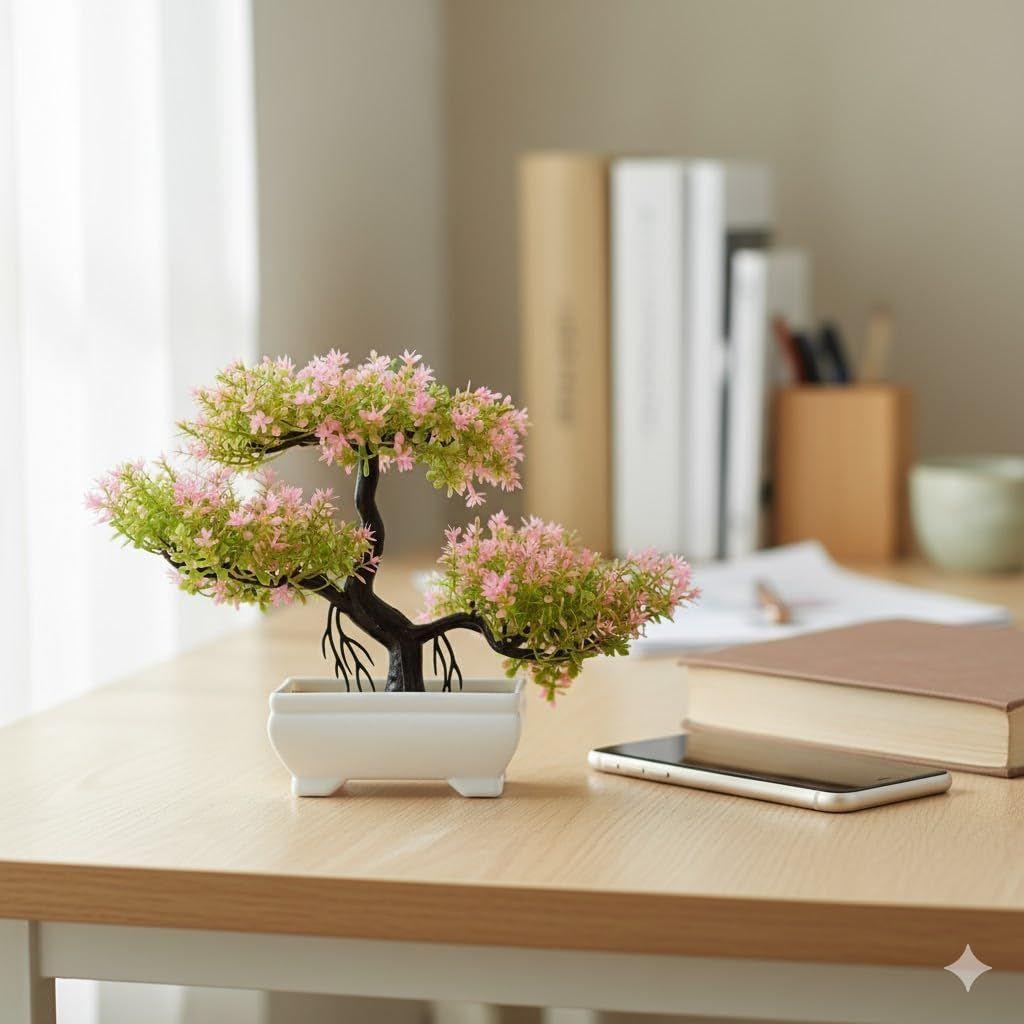 1 Pcs Artificial Small Bonsai Flower with Designer Pot | Realistic Looking - No Maintenance | Flower Pot for Home Decor,Office Decor, Table Decor.