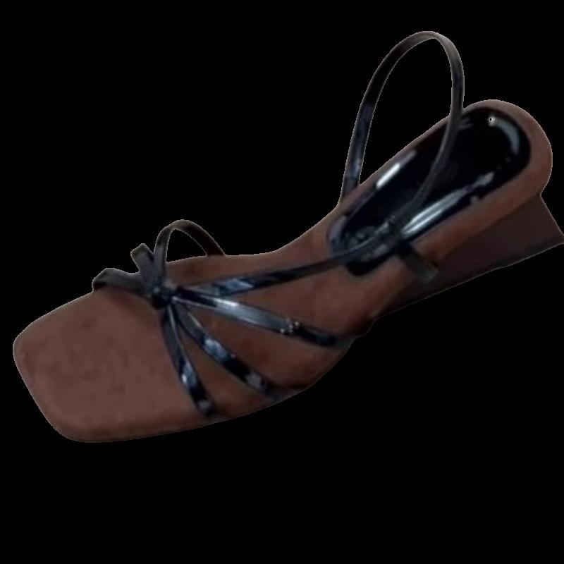 French Temperament One-word Thin Strap Wedge Sandals Women's 2025 New Square Head with Skirt Open-toed High-heeled Roman Sandals