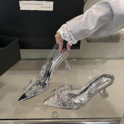 Salto alto pontiagudo de PVC transparente, temperamento celebridade, cristal taça de vinho e sandálias da moda com strass brilhantes, sapatos de verão femininos
