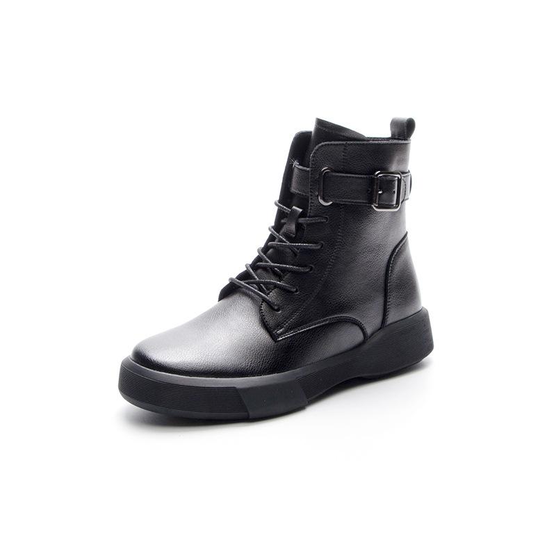 2025 autumn and winter large size leather Martin boots women's velvet warm-soled small short boots retro inner height-increasing flat boots