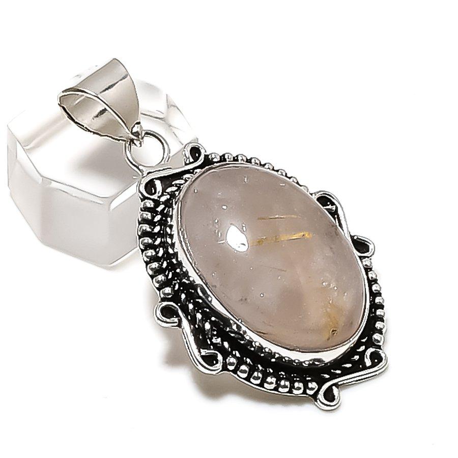 Natural Golden Rutile Gemstone 925 Sterling Silver Jewelry Pendant 1.97" ETC-14284
