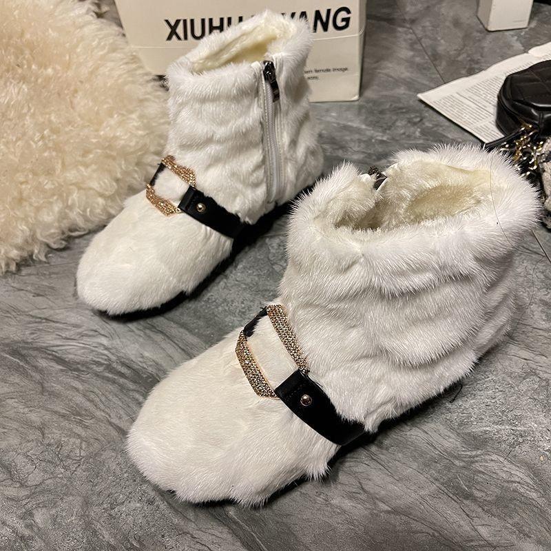 

Fashion Winter New Low-heel Snow Boots Women s Fashion Round Head Plush Side Zipper Metal Buckle Anti-slip Wear-resistant Short Boots 35 белый
