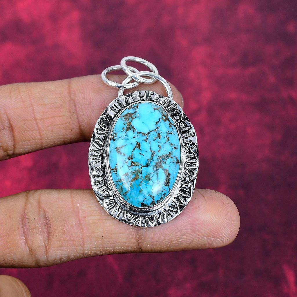 Blue Turquoise Handmade Gemstone Pendant, 925 Solid Sterling Silver Antique Jewelry Pendant, For Engagement Gift