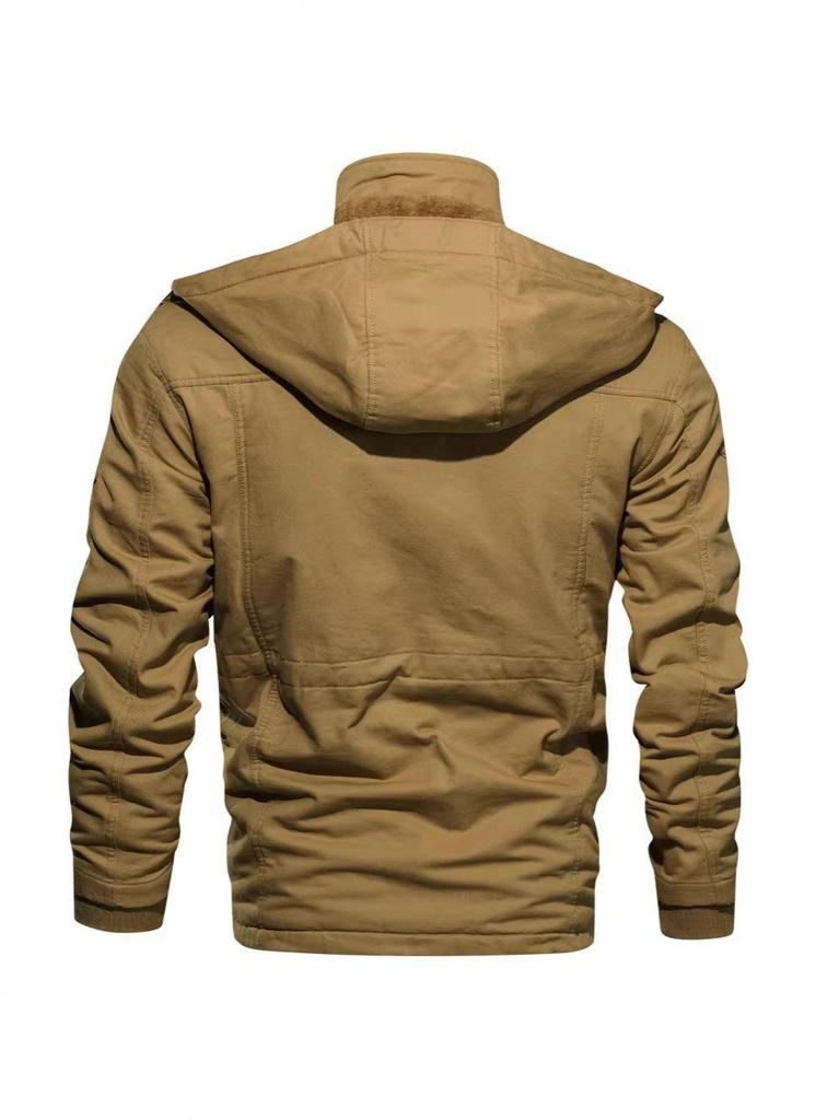 Brown 3D Pocket Casual Cotton Zipper Jacket - Thick, Warm, Loose Fit, Large Size
