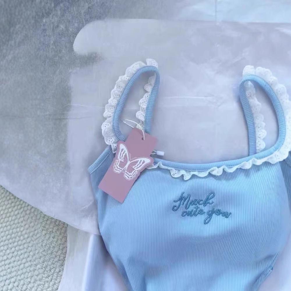 Dopamin Blaue Spitze Gepolstertes Camisole Tanktop - Damen Innen-/Oberbekleidung mit Schönem Rückendesign.