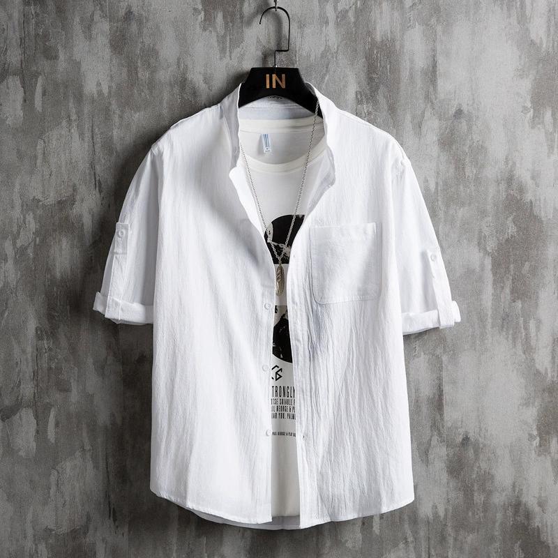 Men's Summer Korean-Style Short-Sleeve Lightweight Shirt Stylish Solid Color Oversized Stand Collar Cardigan