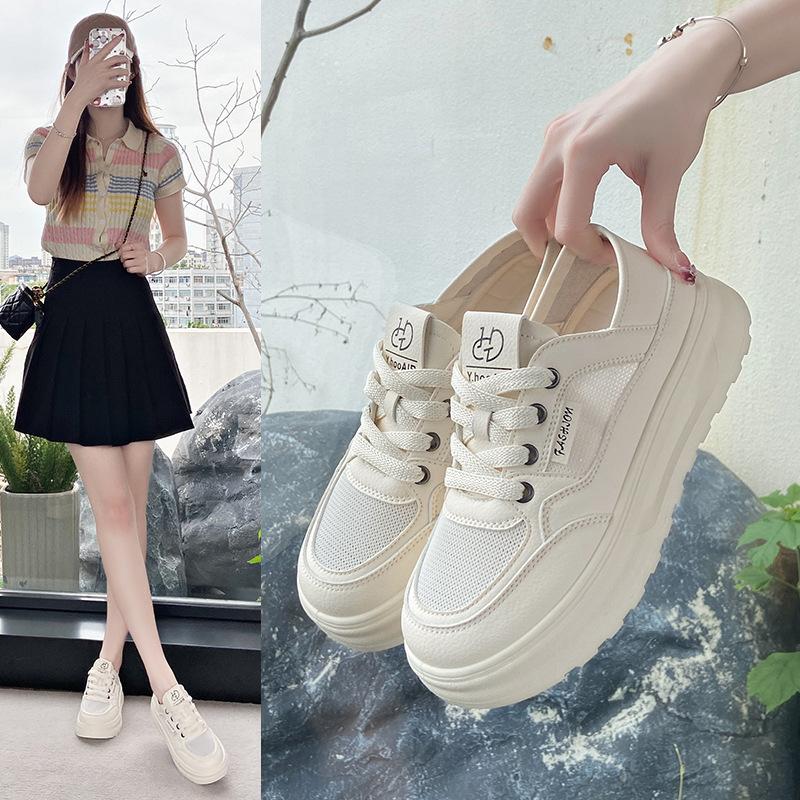 

Leather mesh thick sole two wear white shoes women s 2025 spring and summer new versatile mesh breathable height increase women s shoes light board 35 білий