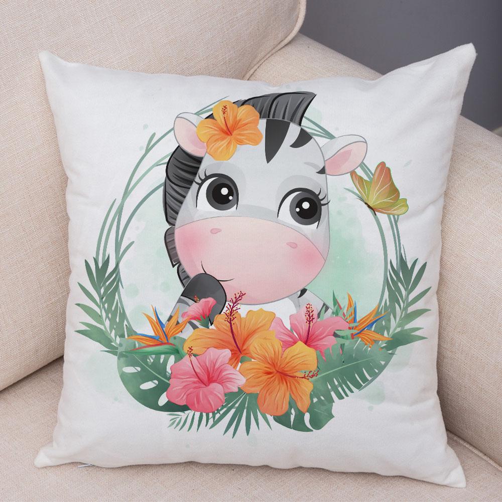 Cartoon Bird and Leaves Pillow Case Decor Cute Animal Lion Cushion Cover for Children Room Sofa Home Plush Pillowcase 45x45cm
