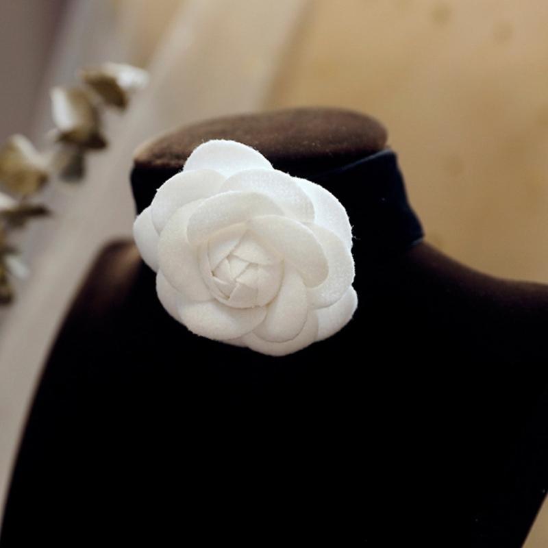 Elegant Camellia Choker Necklace Bracelet White Flower Collar Necklace Vintage Velvet Choker Bracelet Fashion Jewelry