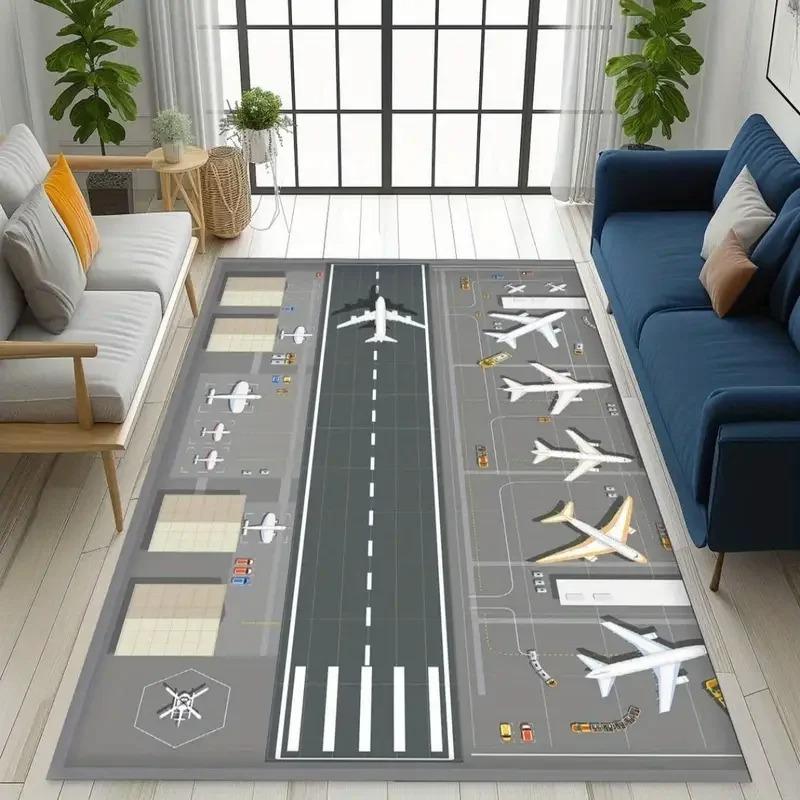 1pcs Kids Play Area Rugs Living Room Airport Landing Strips Top View Airplane Arrival 3D Rug Kids' Bedroom Playroom Decor
