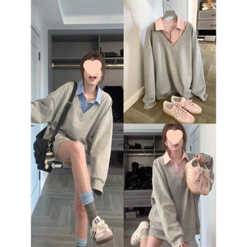 Lazy Contrasting Color Fake Two Pieces Retro Gray Sweater Women's Autumn Loose Design Niche Lo Shirt Top